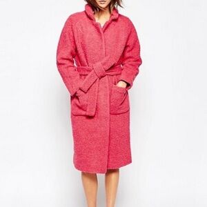 Ganni Fenn Boucle Teddy Wool blend Wrap Coat hot pink XS